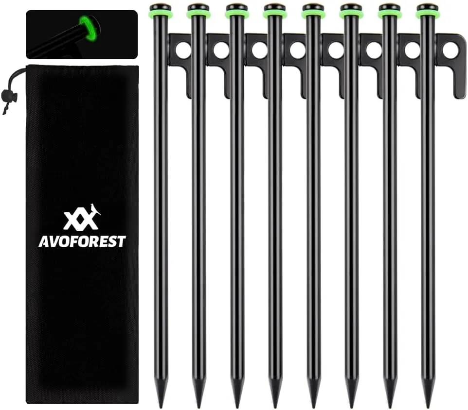 12Inch Heavy Duty Tent Stakes,8 PCS Tent Pegs Metal Fluorescent Silicone Rings  Storage Bag for Camping