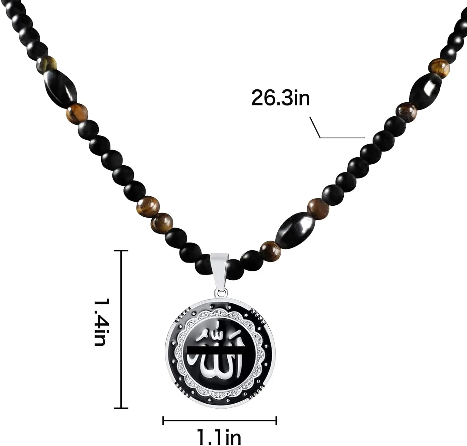 Allah Pendant Necklace Allah Round Shape Arabic Jewelry with Tiger Eye Stone Obsidian Hematite Triple Protection Crystal Beads Chain/Rope for Men Women