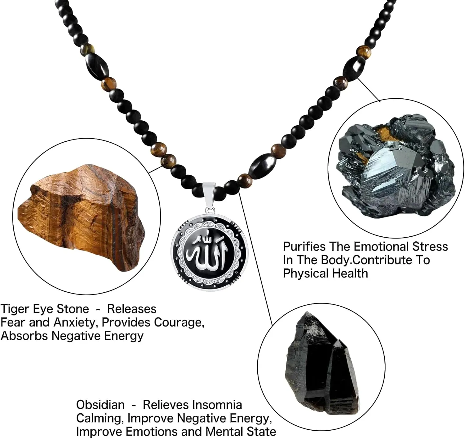 Allah Pendant Necklace Allah Round Shape Arabic Jewelry with Tiger Eye Stone Obsidian Hematite Triple Protection Crystal Beads Chain/Rope for Men Women
