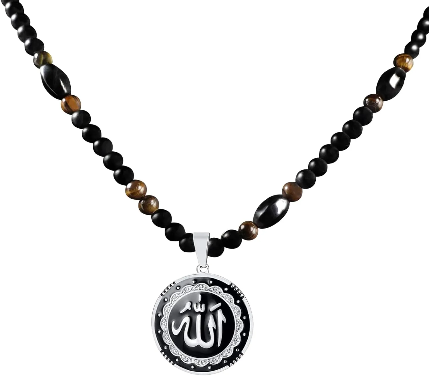 Allah Pendant Necklace Allah Round Shape Arabic Jewelry with Tiger Eye Stone Obsidian Hematite Triple Protection Crystal Beads Chain/Rope for Men Women