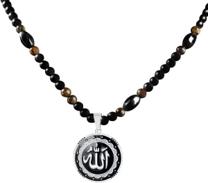 Allah Pendant Necklace Allah Round Shape Arabic Jewelry with Tiger Eye Stone Obsidian Hematite Triple Protection Crystal Beads Chain/Rope for Men Women
