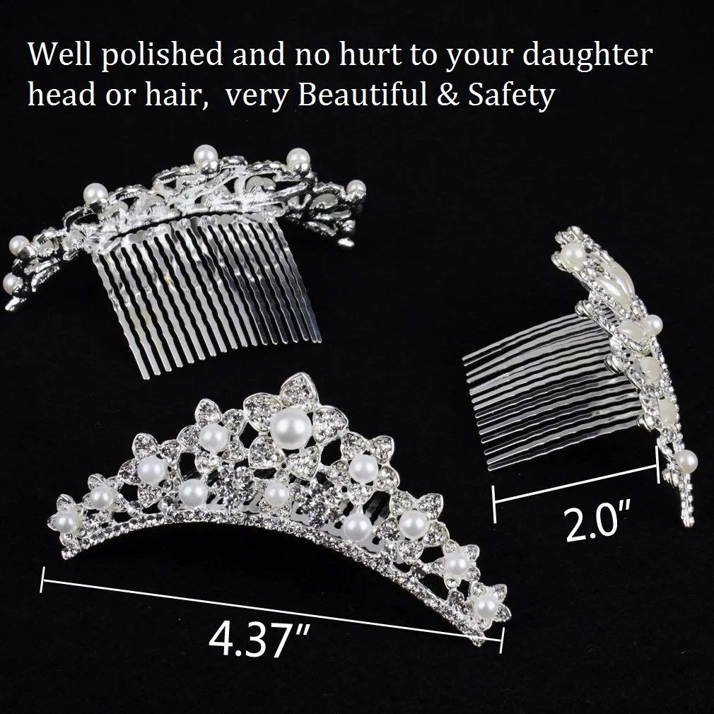 ANBALA Small Tiara Crown with Hair Comb, 3 Pack Mini Tiara Crown Princess Crystal Shiny Hair Accessories for 2 3 4 5 6 7 8 9 Years Girls Hair Dectoration Styling Cute Hair Accessories (3 Styles)