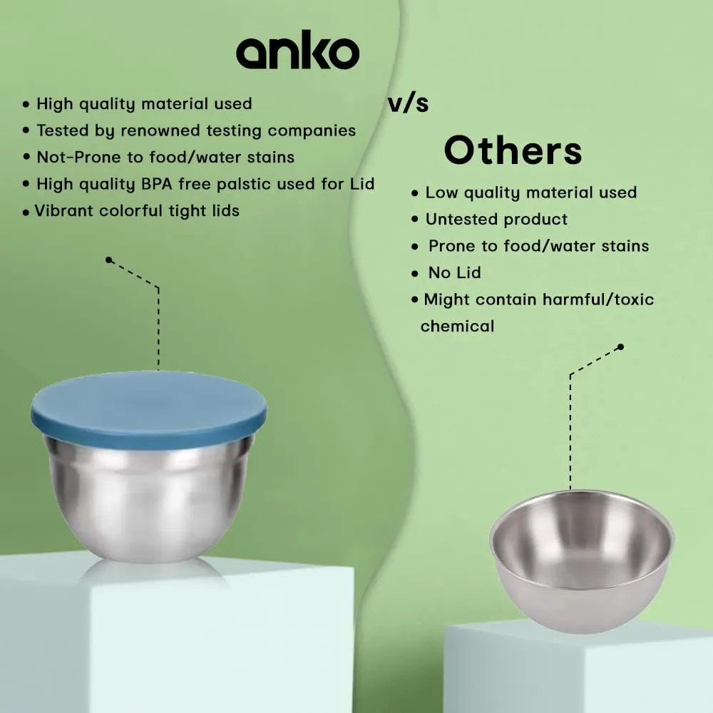 Anko Stainless Steel Bowl with Lid|Corrosion-Resistant, Dent-proof and Rust-proof Stainless-Steel Container to Store Leftover Food or for Use as a Snack Box or Lunch Box (Pack of 18)