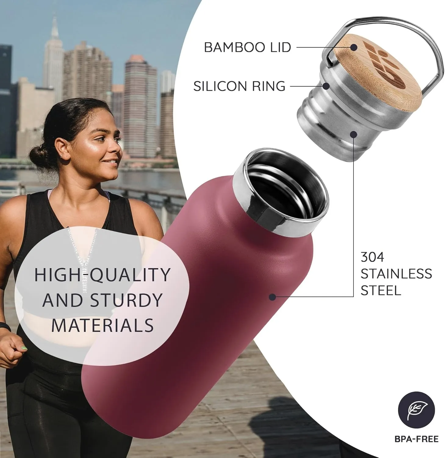 Bambaw 12 oz Insulated Water Bottle with Handle, Wide Mouth Insulated Water Bottle Red, Stainless Steel Water Bottle, Metal Water Bottle Double Wall Insulated, Small Water Bottle Reusable  Red Berry