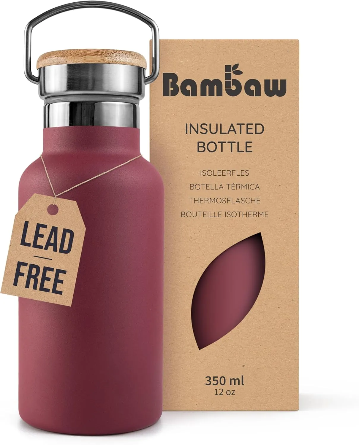 Bambaw 12 oz Insulated Water Bottle with Handle, Wide Mouth Insulated Water Bottle Red, Stainless Steel Water Bottle, Metal Water Bottle Double Wall Insulated, Small Water Bottle Reusable  Red Berry
