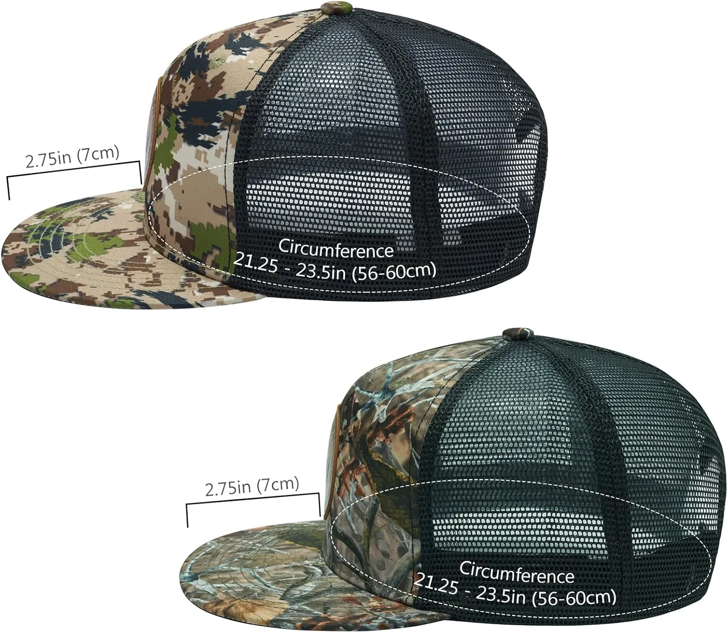 BASSDASH 2 Pack Flat Brim Trucker Cap Adjustable Snapback Hat Mesh Back for Men Women Fishing Hunting