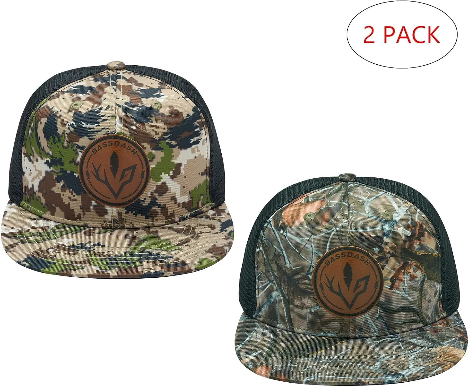 BASSDASH 2 Pack Flat Brim Trucker Cap Adjustable Snapback Hat Mesh Back for Men Women Fishing Hunting