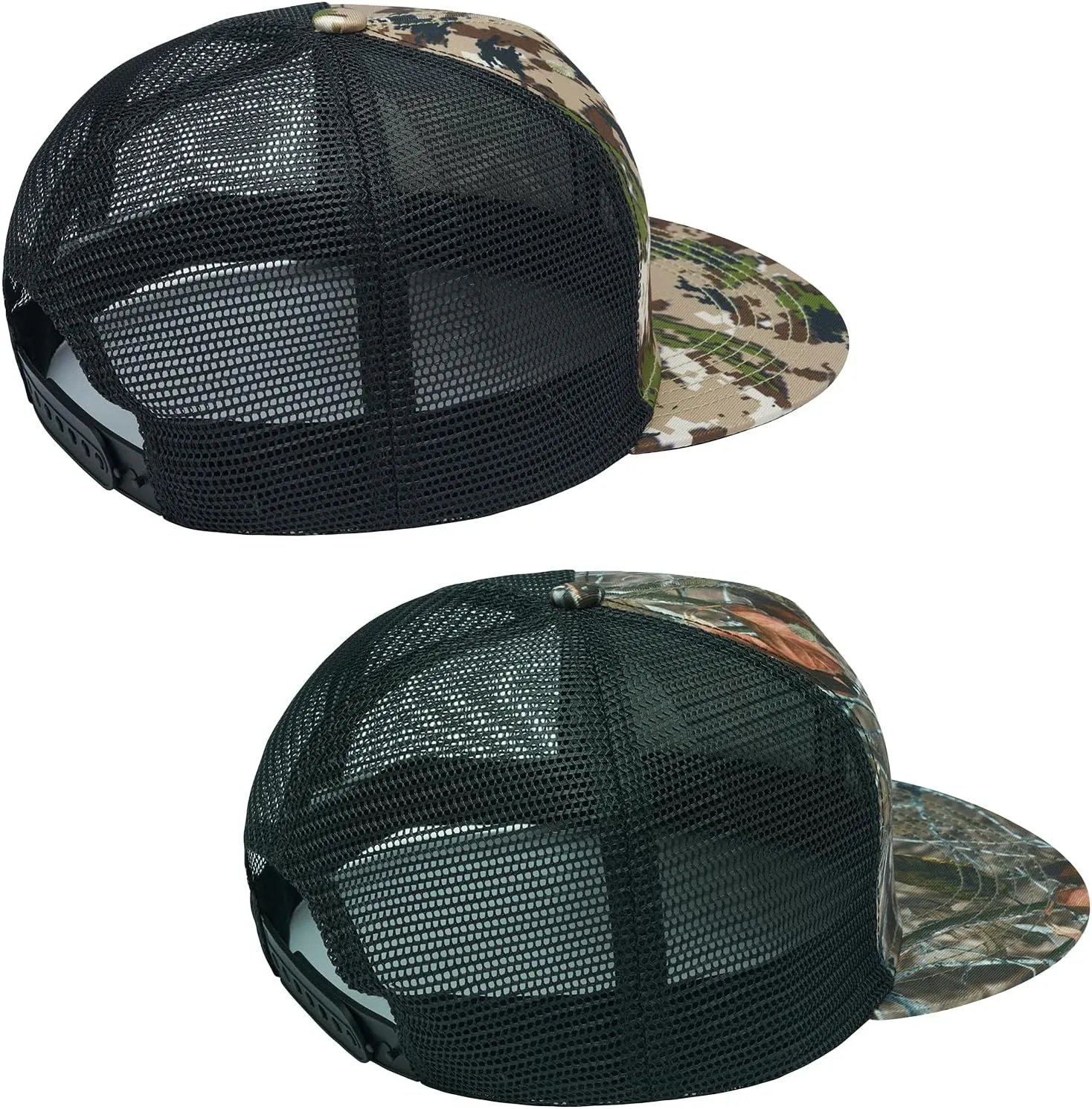 BASSDASH 2 Pack Flat Brim Trucker Cap Adjustable Snapback Hat Mesh Back for Men Women Fishing Hunting
