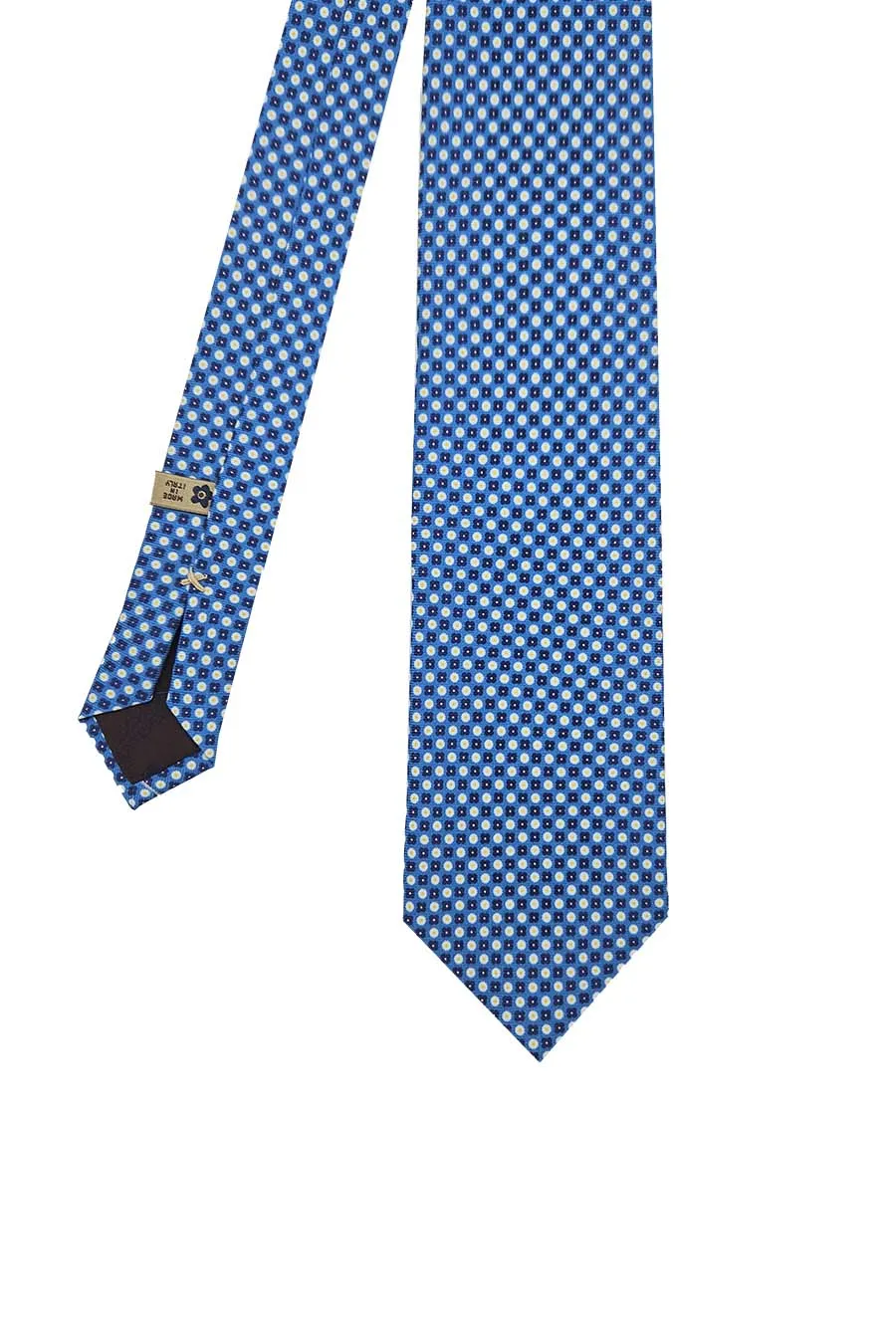 Blue printed silk tie archives design with dark blue micro-flowers & white dots