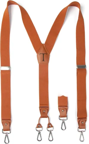 Brown Initial Suspenders for Men Wedding Dress Pants Adjustable 4 to 3 Hooks Elastic Y Back 1.4 Inches