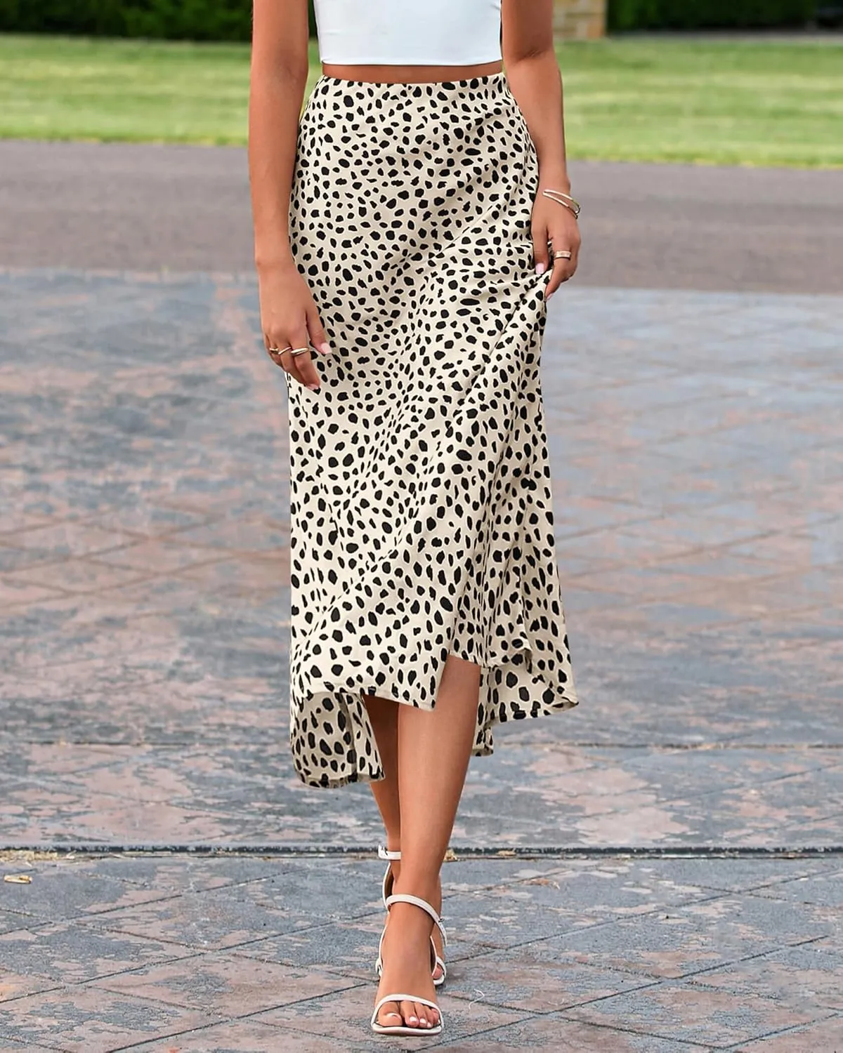 BTFBM Womens Leopard Print Skirt 2025 Summer Fall Midi Length High Waisted Elastic Satin Skirts Work Bussiness Outfits