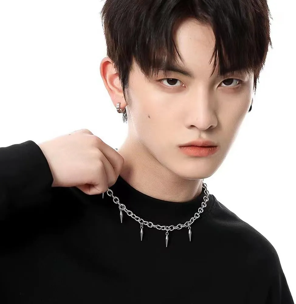 Bullet Choker Necklace for Men Women Titanium Steel Trendy Edgy Anime Y2k Goth Punk Hip Hop Cuban Chain Beaded Rivet Spike Tassel Charm Choker Necklace