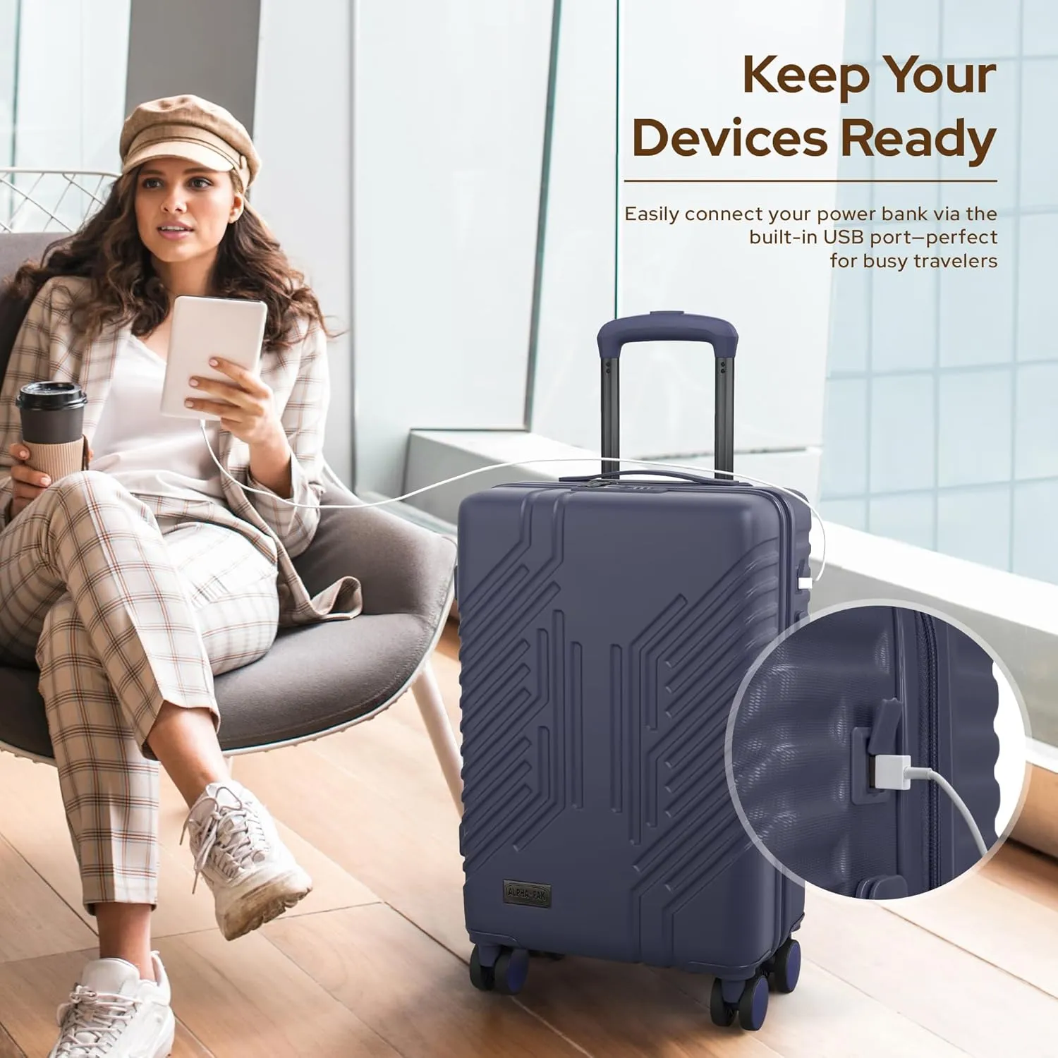 Carry On Luggage, Spinner Wheels Airline Approved 20 inch Lightweight Hard-shell Suitcase with Built-in TSA Lock and USB Port, Navy blue