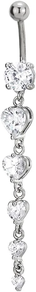 COOLSTEELANDBEYOND Steel Belly Chain Belly Button Ring Body Jewelry Piercing Navel Ring with Long Dangle Cubic Zirconia