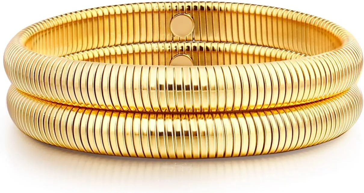 Gold Bangle multi-layer Bracelets for Women Stretchy Stainless steel Link Chain Flexible Wide Wristband Bracelets
