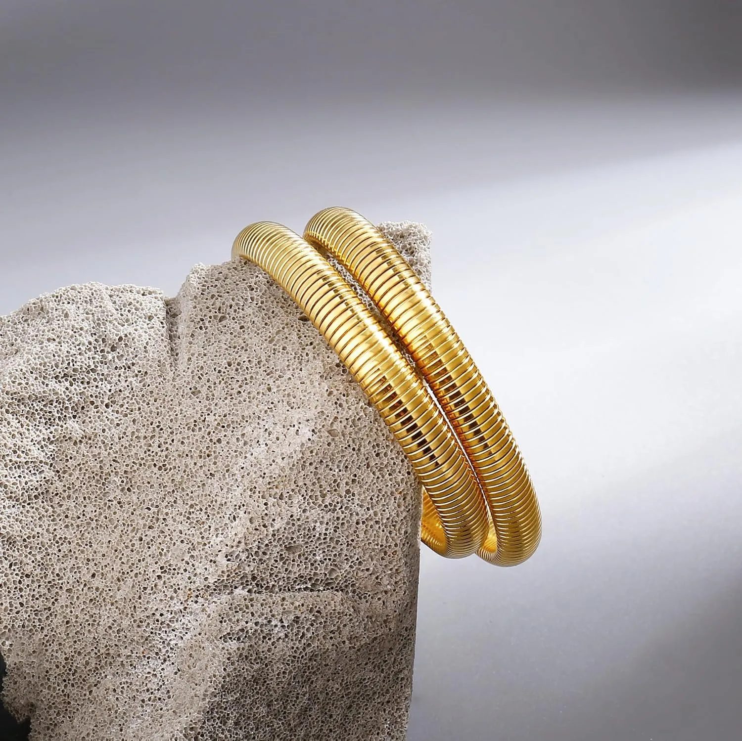 Gold Bangle multi-layer Bracelets for Women Stretchy Stainless steel Link Chain Flexible Wide Wristband Bracelets
