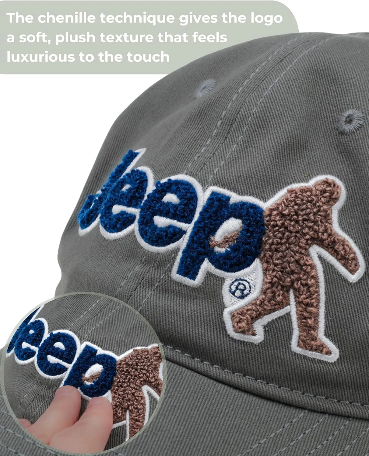 Jeep Ladies Ponytail Hat Chenille Embroidered Sasquatch and Text Logo Garment Washed Twill with Adjustable Strap