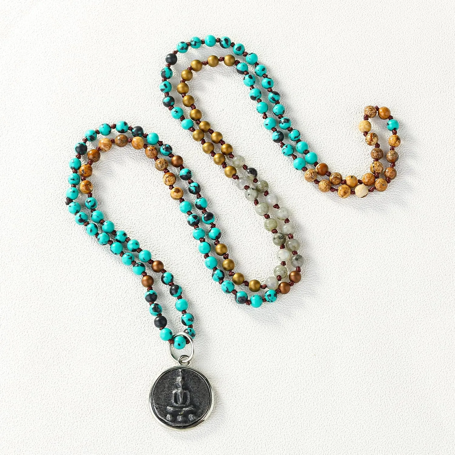 KELITCH Buddha Long Mala Beaded Necklaces Natural Gemstones Crystals Beads Pendant Prayer Meditation Necklaces New Handmade Fashion Jewelry