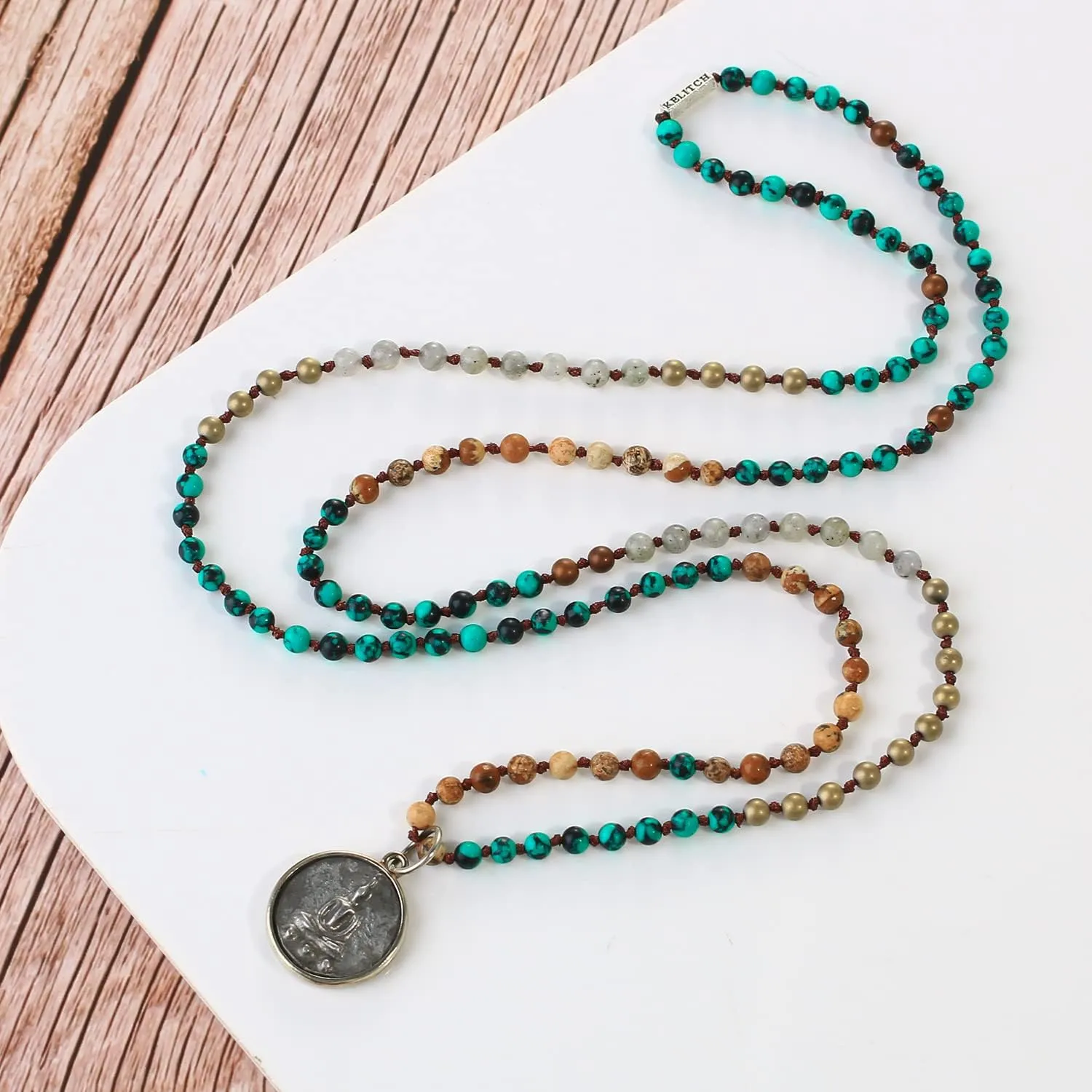 KELITCH Buddha Long Mala Beaded Necklaces Natural Gemstones Crystals Beads Pendant Prayer Meditation Necklaces New Handmade Fashion Jewelry