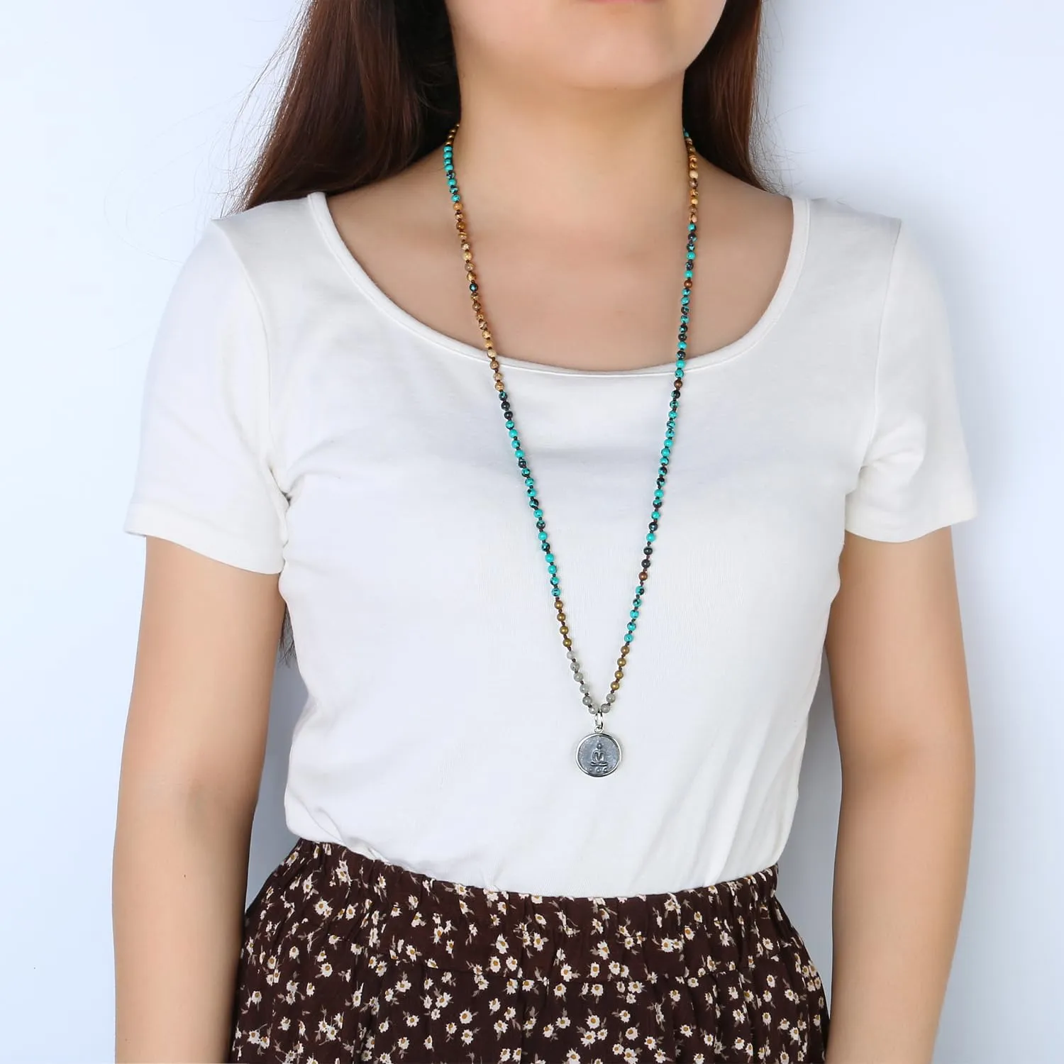 KELITCH Buddha Long Mala Beaded Necklaces Natural Gemstones Crystals Beads Pendant Prayer Meditation Necklaces New Handmade Fashion Jewelry