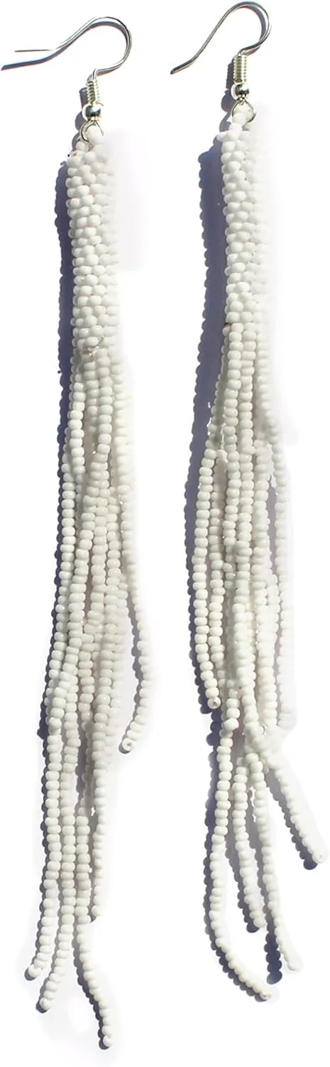 Long Beaded Dangle Earrings  Boho Native Handmade Seed Bead Tassel Bohemian Large Statement Drop Fringes for Women