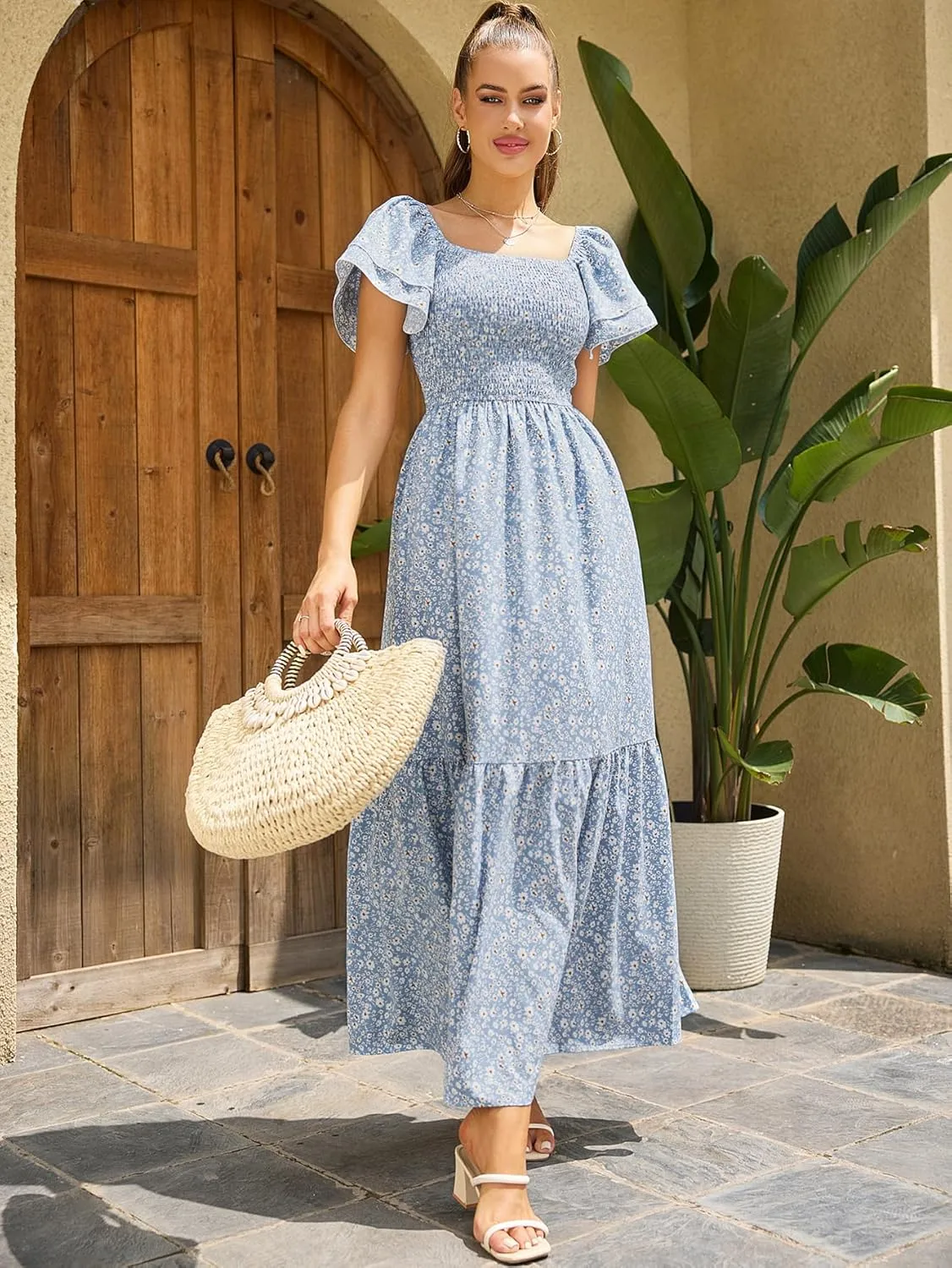MakeMeChic Women's Floral Print Layered Short Sleeve Square Neck Ruffle High Waist A Line Summer Long Dress