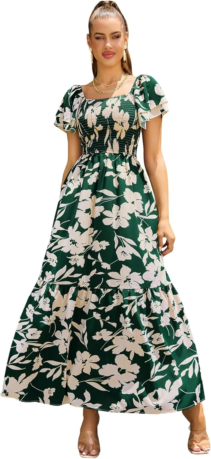 MakeMeChic Women's Floral Print Layered Short Sleeve Square Neck Ruffle High Waist A Line Summer Long Dress