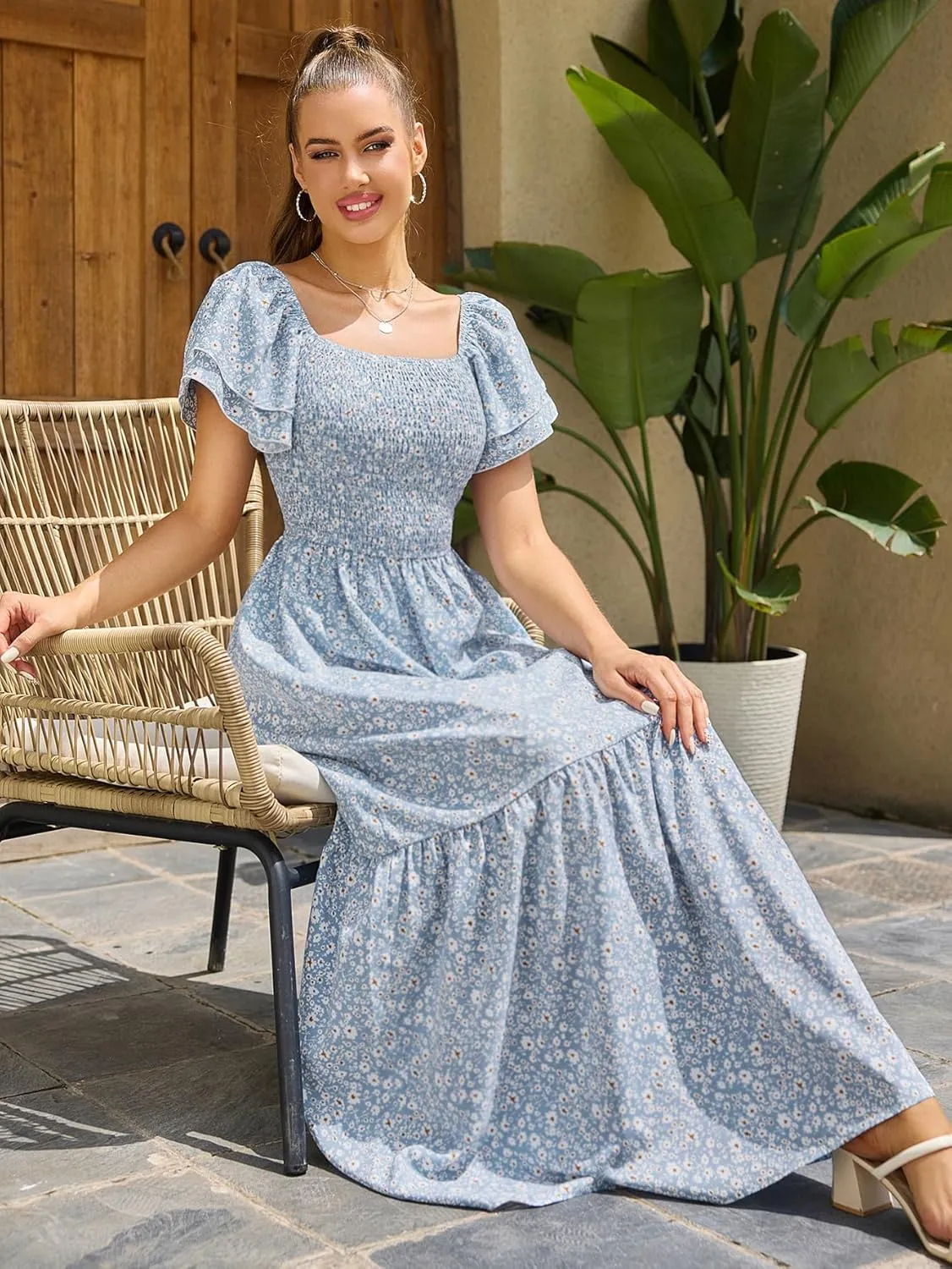 MakeMeChic Women's Floral Print Layered Short Sleeve Square Neck Ruffle High Waist A Line Summer Long Dress