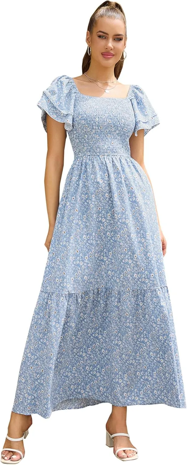 MakeMeChic Women's Floral Print Layered Short Sleeve Square Neck Ruffle High Waist A Line Summer Long Dress