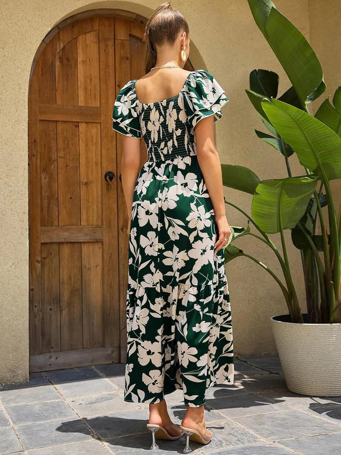 MakeMeChic Women's Floral Print Layered Short Sleeve Square Neck Ruffle High Waist A Line Summer Long Dress