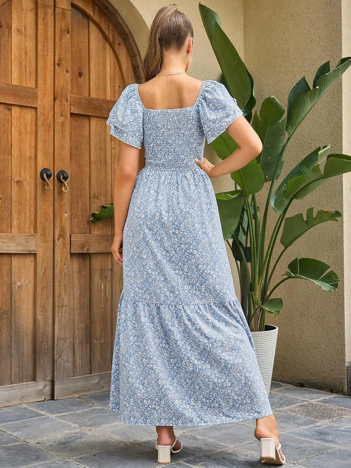 MakeMeChic Women's Floral Print Layered Short Sleeve Square Neck Ruffle High Waist A Line Summer Long Dress