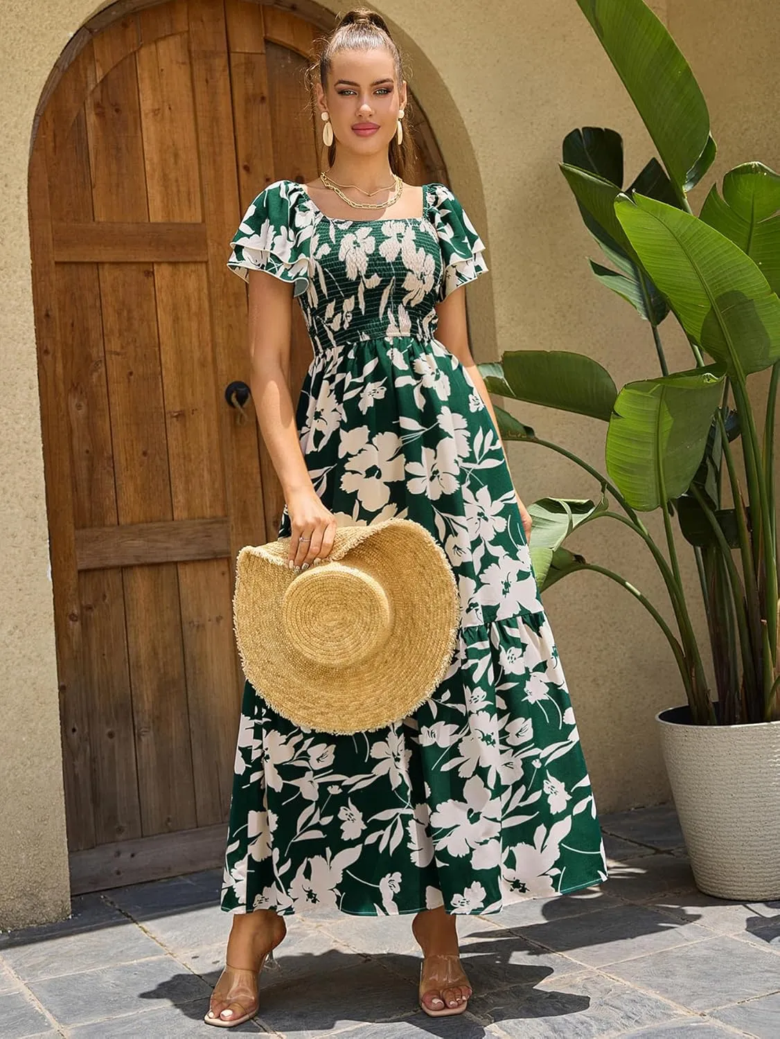 MakeMeChic Women's Floral Print Layered Short Sleeve Square Neck Ruffle High Waist A Line Summer Long Dress