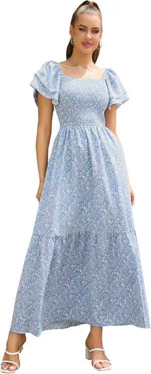 MakeMeChic Women's Floral Print Layered Short Sleeve Square Neck Ruffle High Waist A Line Summer Long Dress