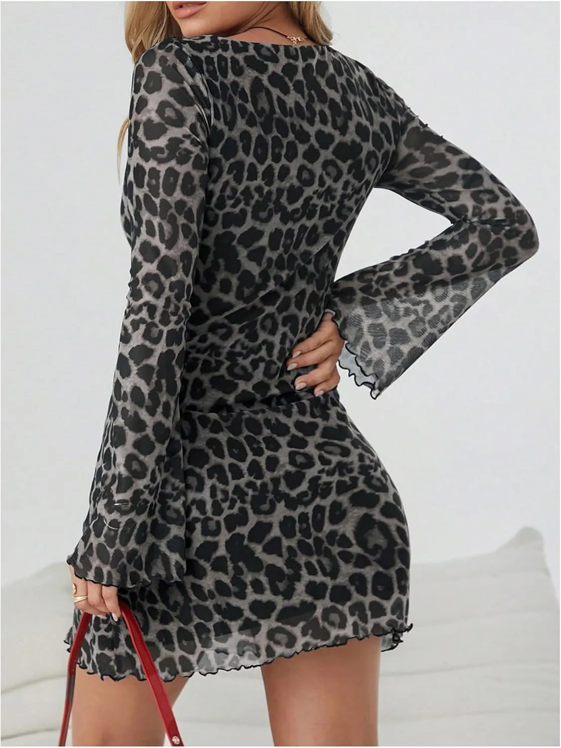 Milumia Women's Leopard Print Mesh Mini Dress Cheetah Long Bell Sleeve Short Dresses