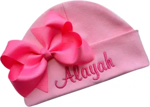 Personalized Embroidered Baby Girl Hat with Grosgrain Bow with Custom Name
