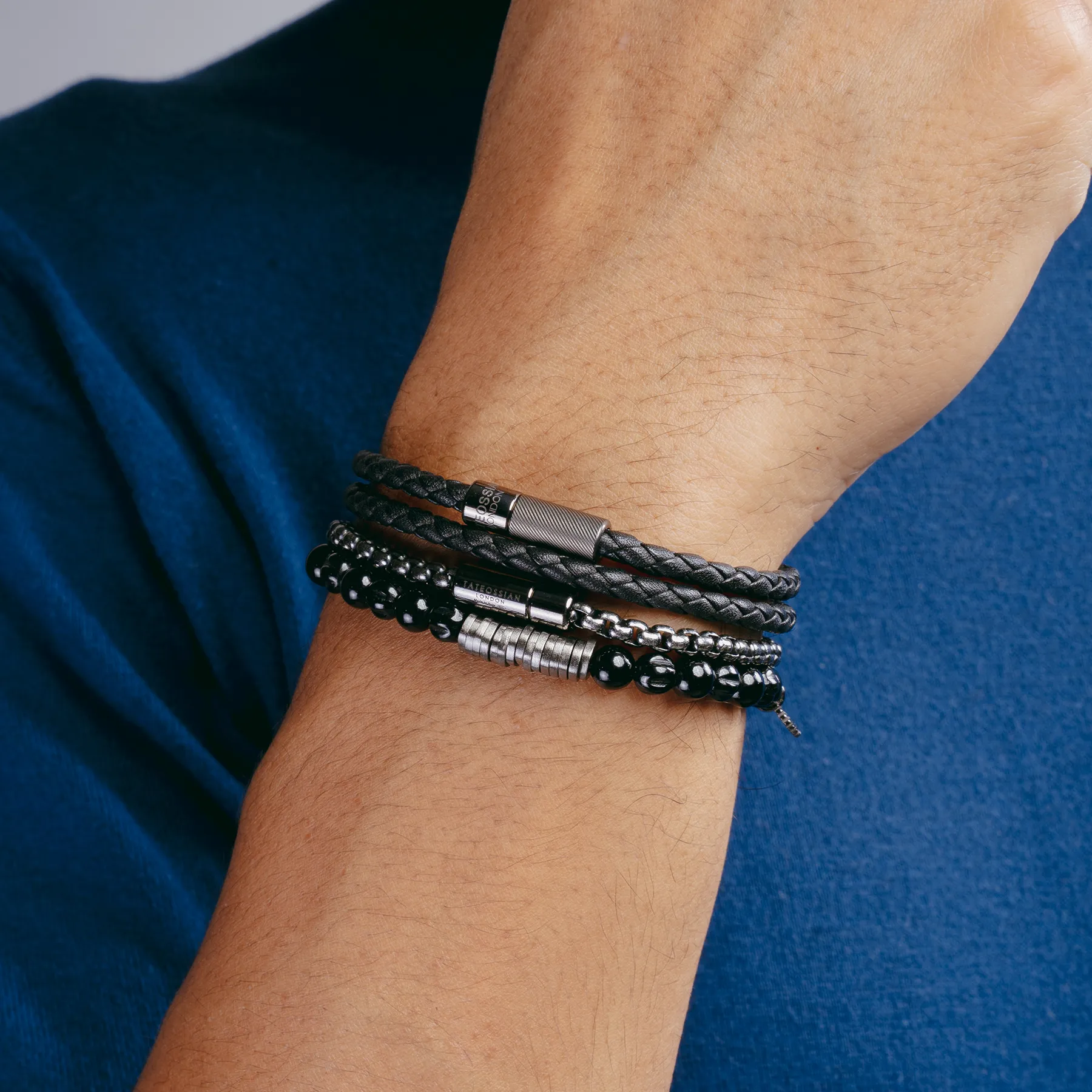 Pop Rigato Double Wrap Leather Bracelet In Black With Black Ruthenium Silver