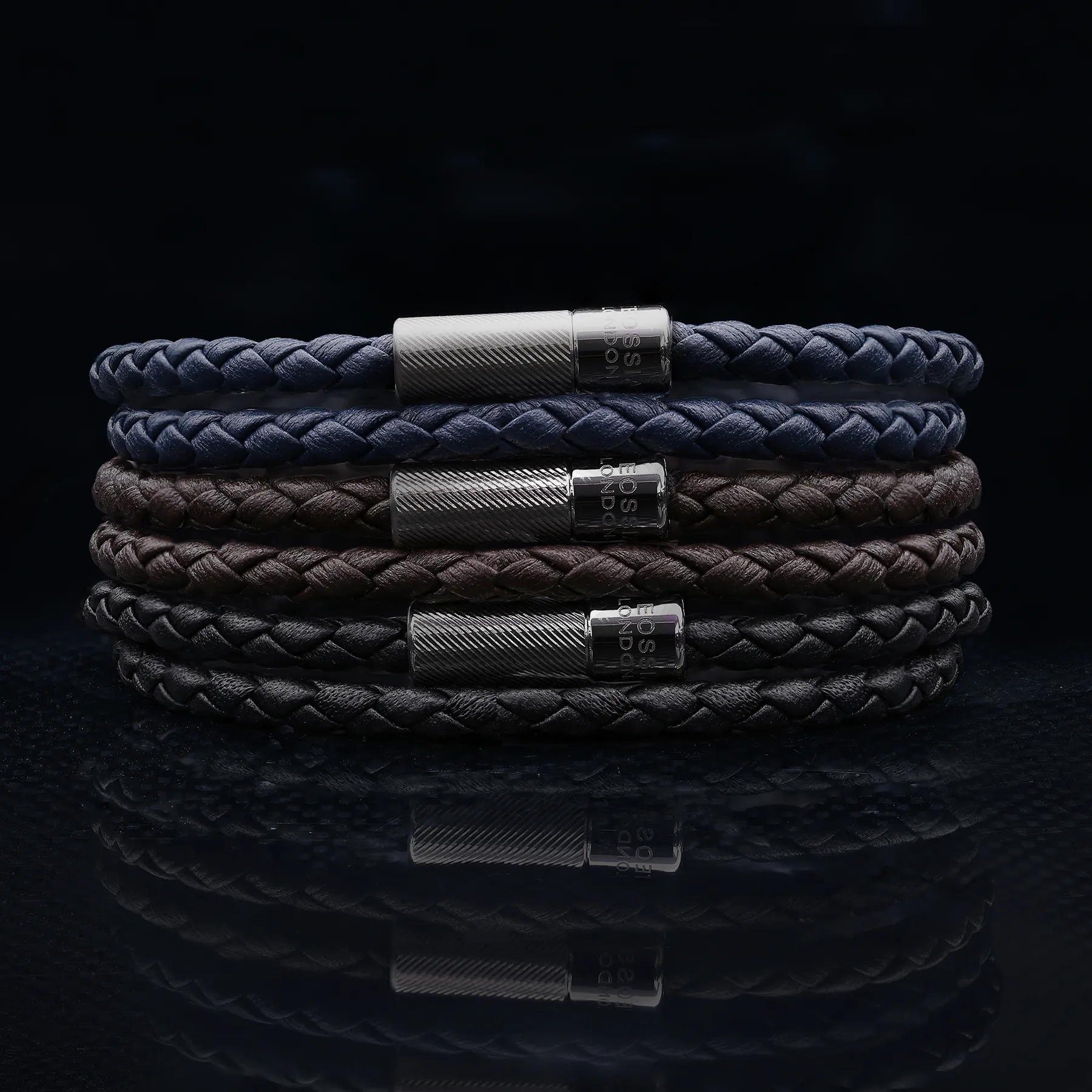 Pop Rigato Double Wrap Leather Bracelet In Black With Black Ruthenium Silver