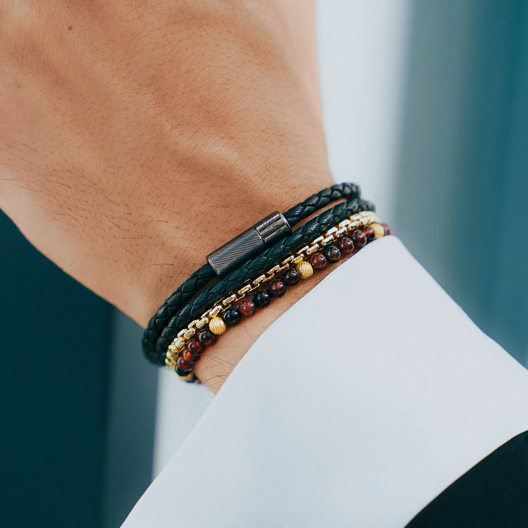 Pop Rigato Double Wrap Leather Bracelet In Black With Black Ruthenium Silver