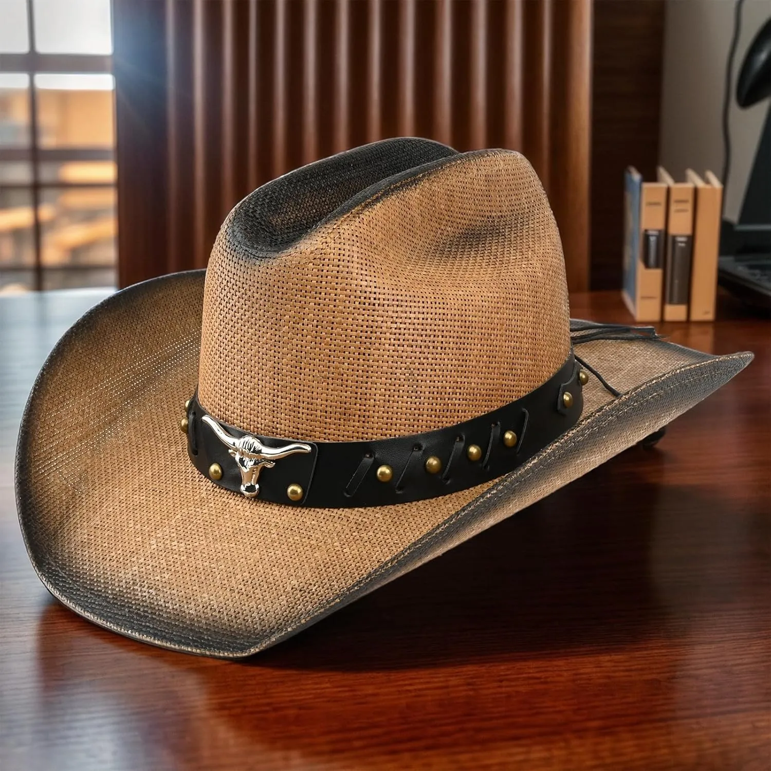 Retro Cowgirl Hats Western Straw hat,Mens Womens Cowboy Hat with Metal Texture,Bull Head Badge Hats