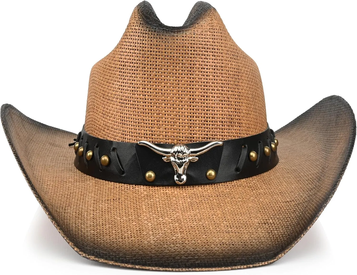 Retro Cowgirl Hats Western Straw hat,Mens Womens Cowboy Hat with Metal Texture,Bull Head Badge Hats