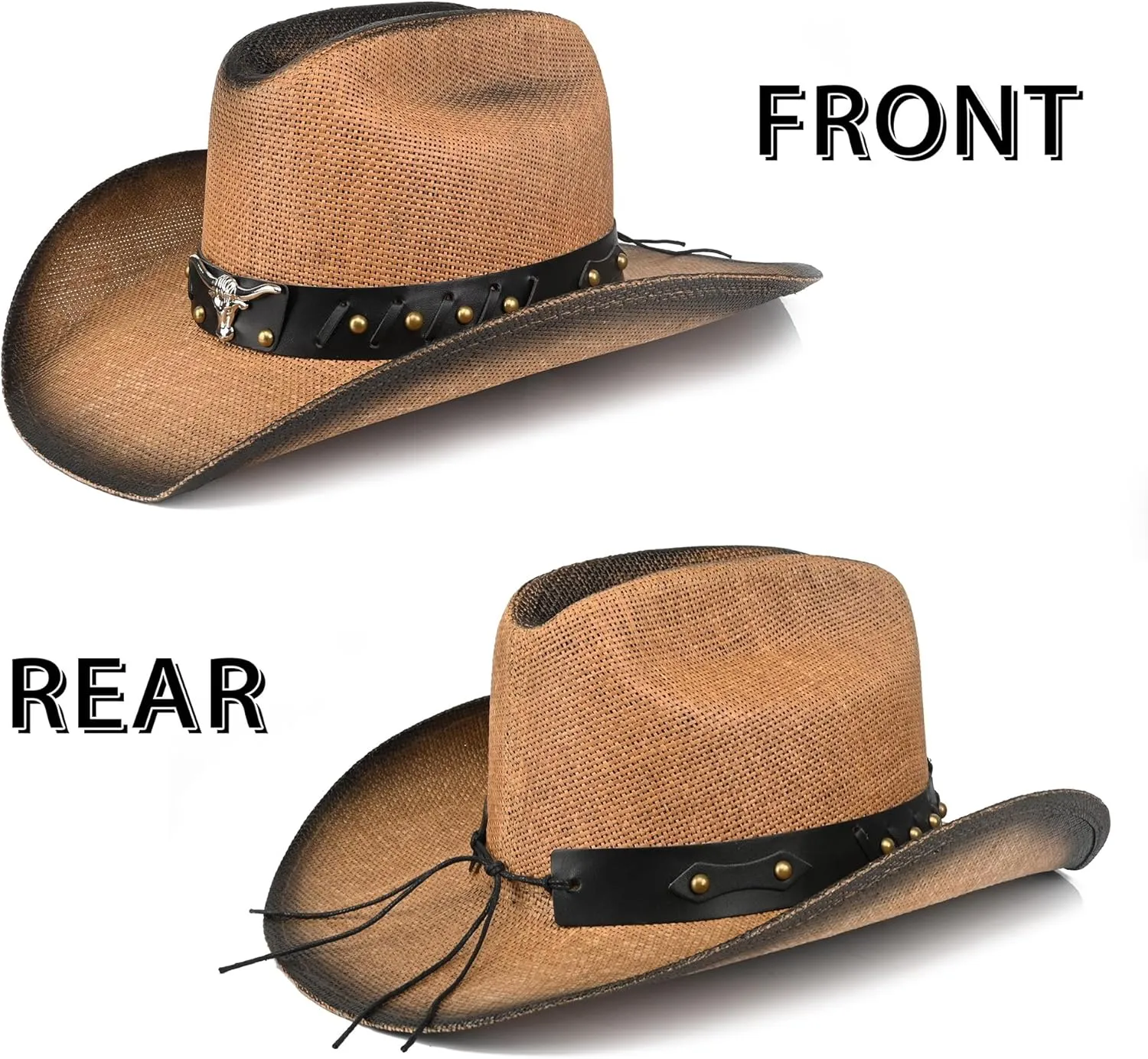Retro Cowgirl Hats Western Straw hat,Mens Womens Cowboy Hat with Metal Texture,Bull Head Badge Hats