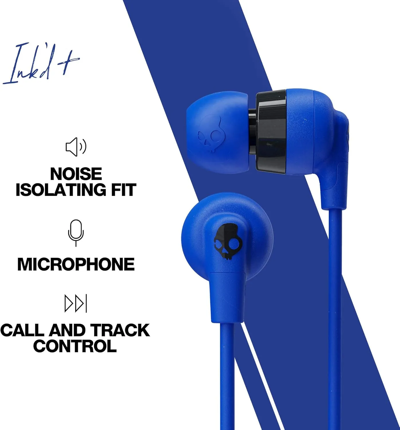 Skullcandy Inkd  Wired Earbuds with 3.5mm Plug, Noise Isolating Fit, Built-in Microphone Call and Track Control, Ear Gel Sizes Included for Custom Fit, Convenient for Travel (3 Pack) - Cobalt Blue