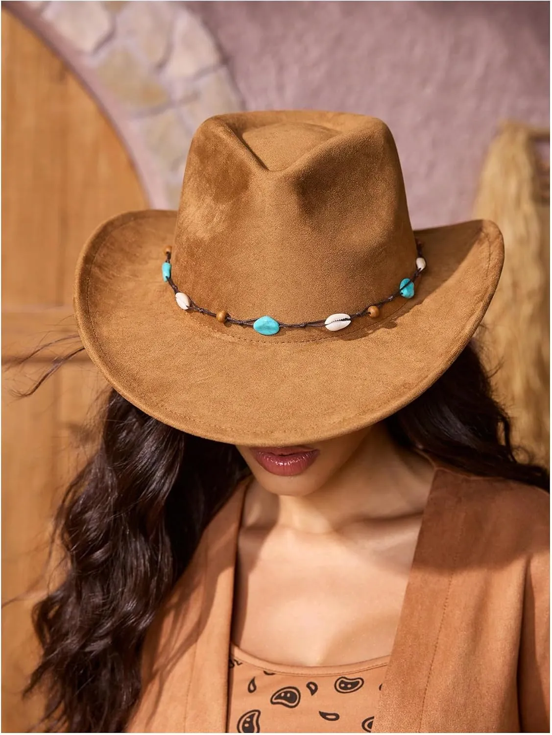 Verdusa Women's Beaded Wide Trim Cowboy Hats Boho Western Sun Hat with Shell Belt