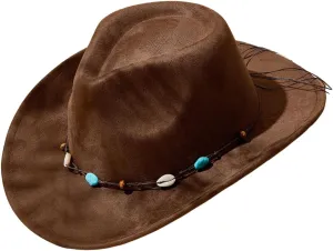 Verdusa Women's Beaded Wide Trim Cowboy Hats Boho Western Sun Hat with Shell Belt