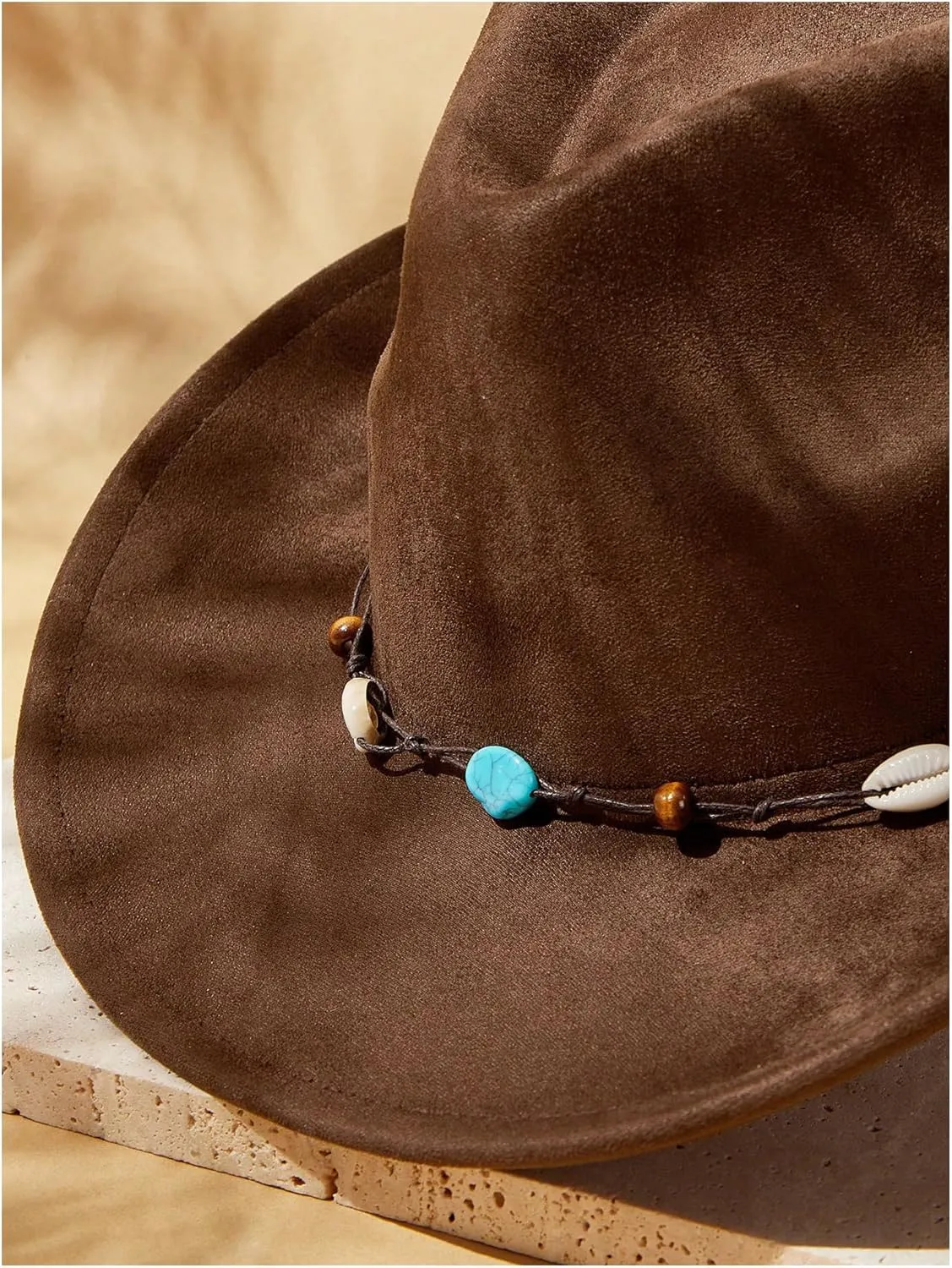 Verdusa Women's Beaded Wide Trim Cowboy Hats Boho Western Sun Hat with Shell Belt
