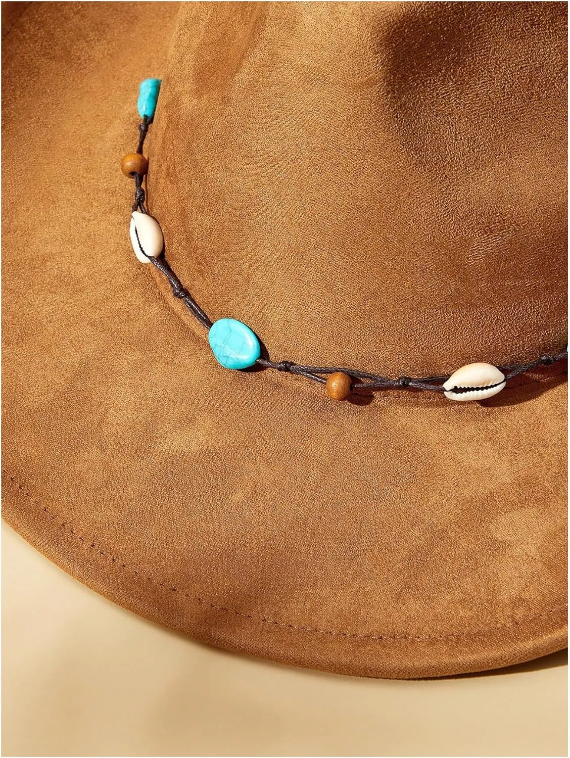Verdusa Women's Beaded Wide Trim Cowboy Hats Boho Western Sun Hat with Shell Belt