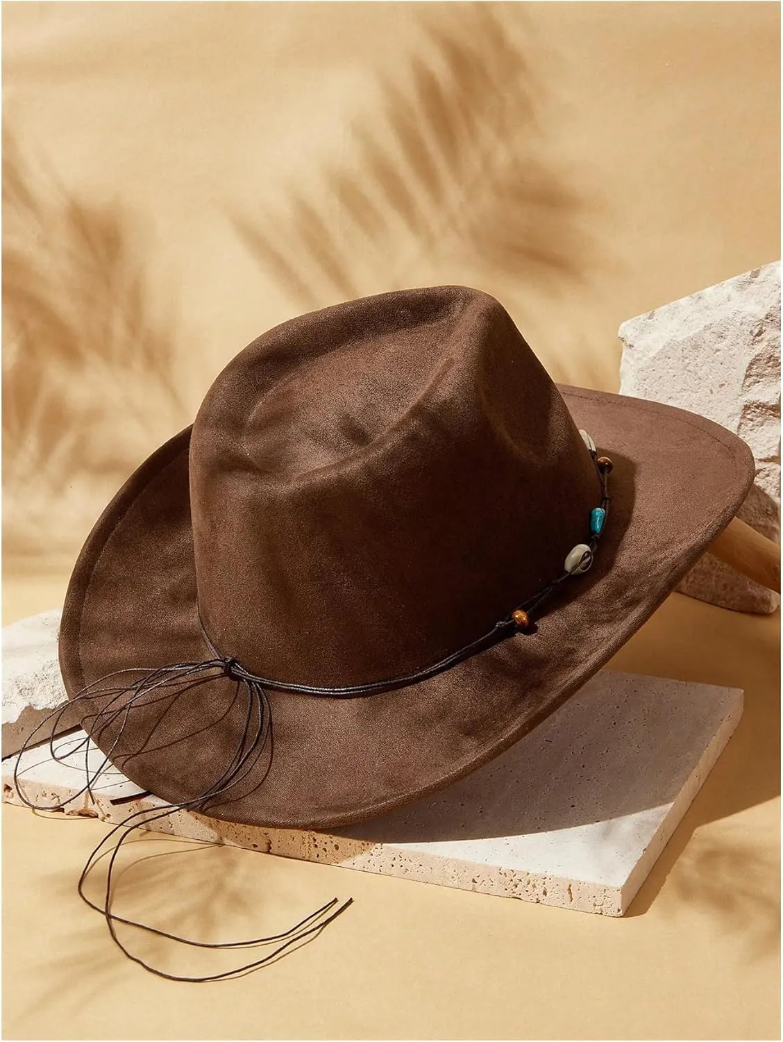 Verdusa Women's Beaded Wide Trim Cowboy Hats Boho Western Sun Hat with Shell Belt