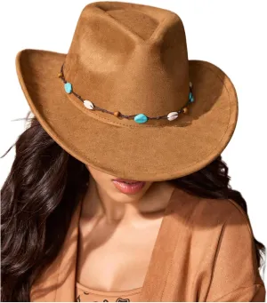 Verdusa Women's Beaded Wide Trim Cowboy Hats Boho Western Sun Hat with Shell Belt