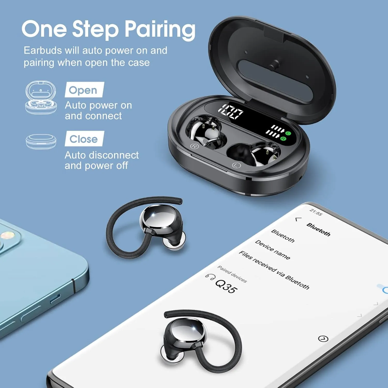 Wireless Earbuds, 2023 New Ultralight Sport Bluetooth 5.3 Headphones In Ear with LED Display, Built-in Mic Earphones, IPX7 Waterproof Wireless Headphones with Earhooks for Gym Workout (Black)