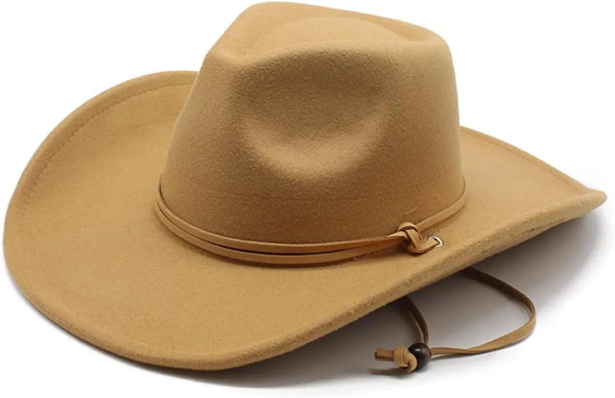 Women&Mens Retro Cowboy Hat Classic Western Felt Cowgirl Hat for Cowboy&Cowgirl with Adjustable Neck Draw String
